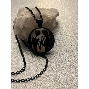 New- Nightmare Before Christmas Jack & Sally Glass Pendant Necklace Black Goth